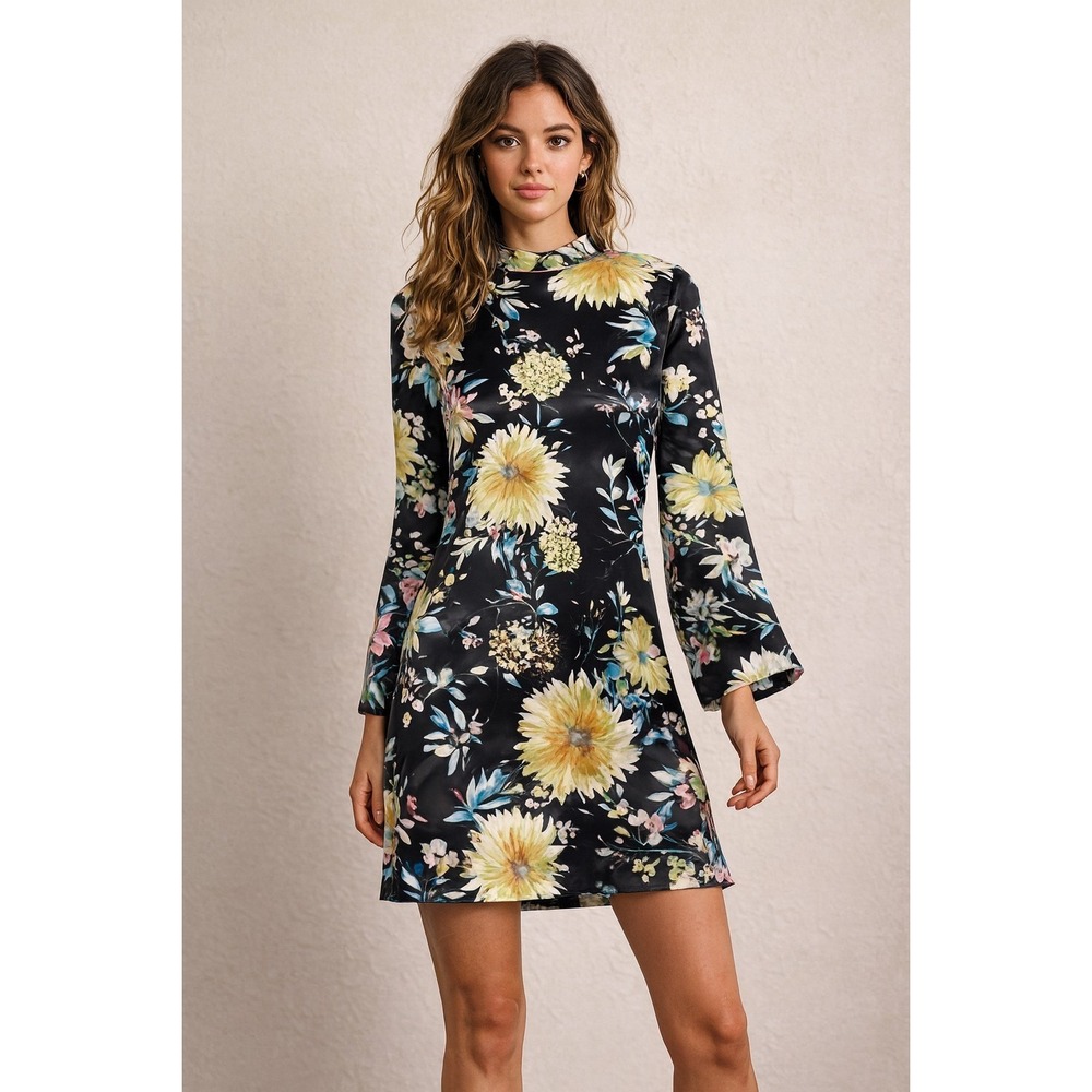 ZARA Black Floral Satin Mini Dress S Long Sleeve Kimono Style‎ Cocktail Party